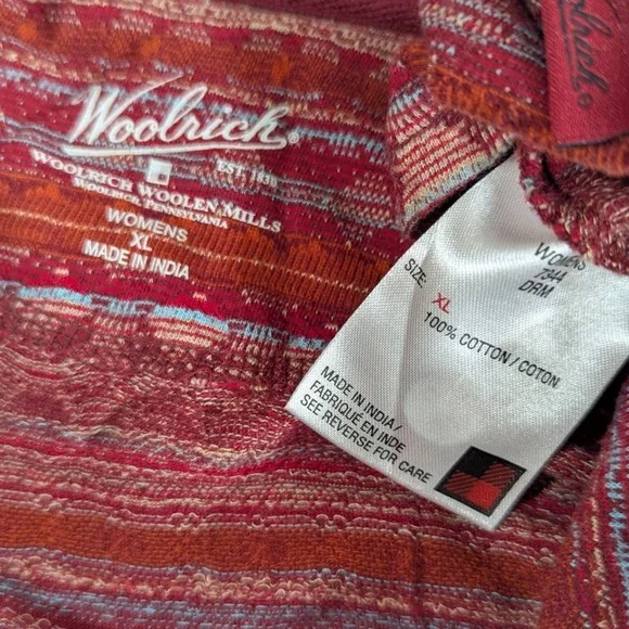 Woolrich Womens XL Red Geometric Aztec Print 1/4 Zip Long Sleeve Cotton Shirt - Picture 3 of 8